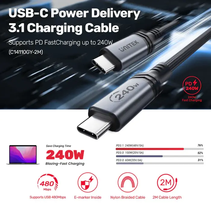 C14110GY-2M, Unitek 2M, CM to CM Power Delivery 3.1 240W Charging Cable, Black