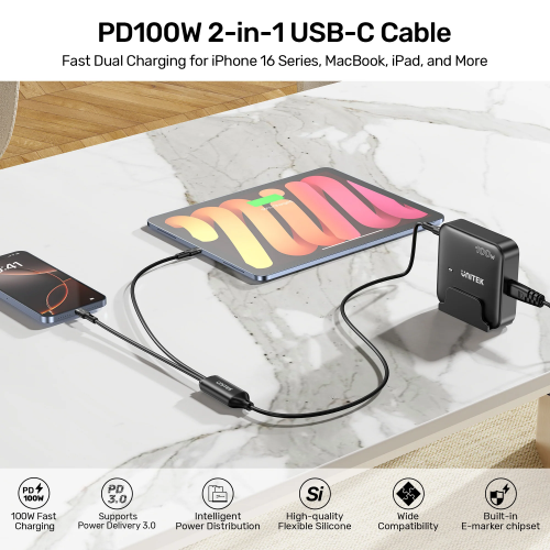 Unitek C14146A Cable, PD100W 2-in-1 USB-C Charging Cable 1.8M