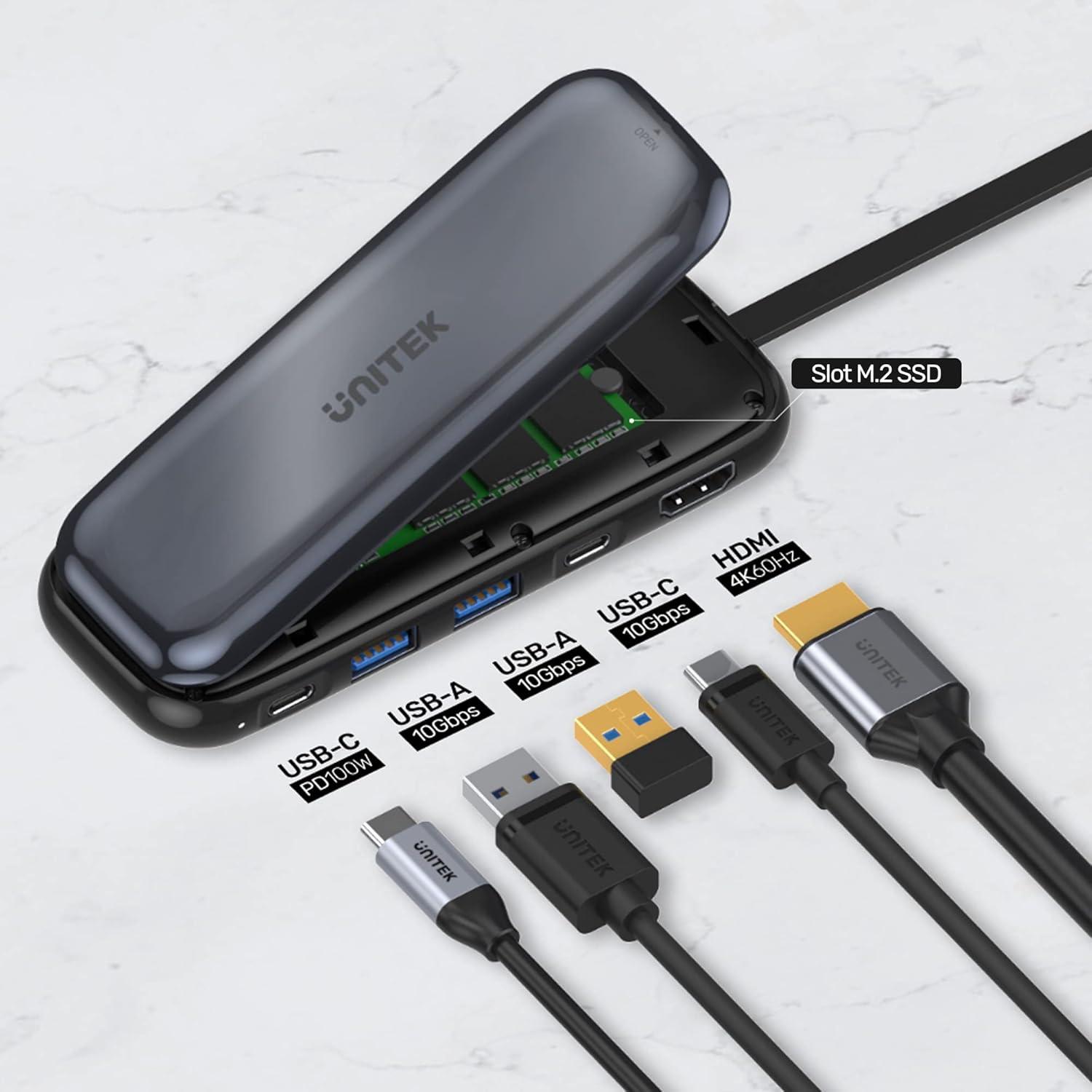 Unitek D1046A 6-in-1 USB-C 10Gbps Hub with M.2 SSD Enclosure 2*USB-A+USB-C 10Gbps+PD100W+HDMI 4K60Hz+M.2 PCIe/NVMe SSD