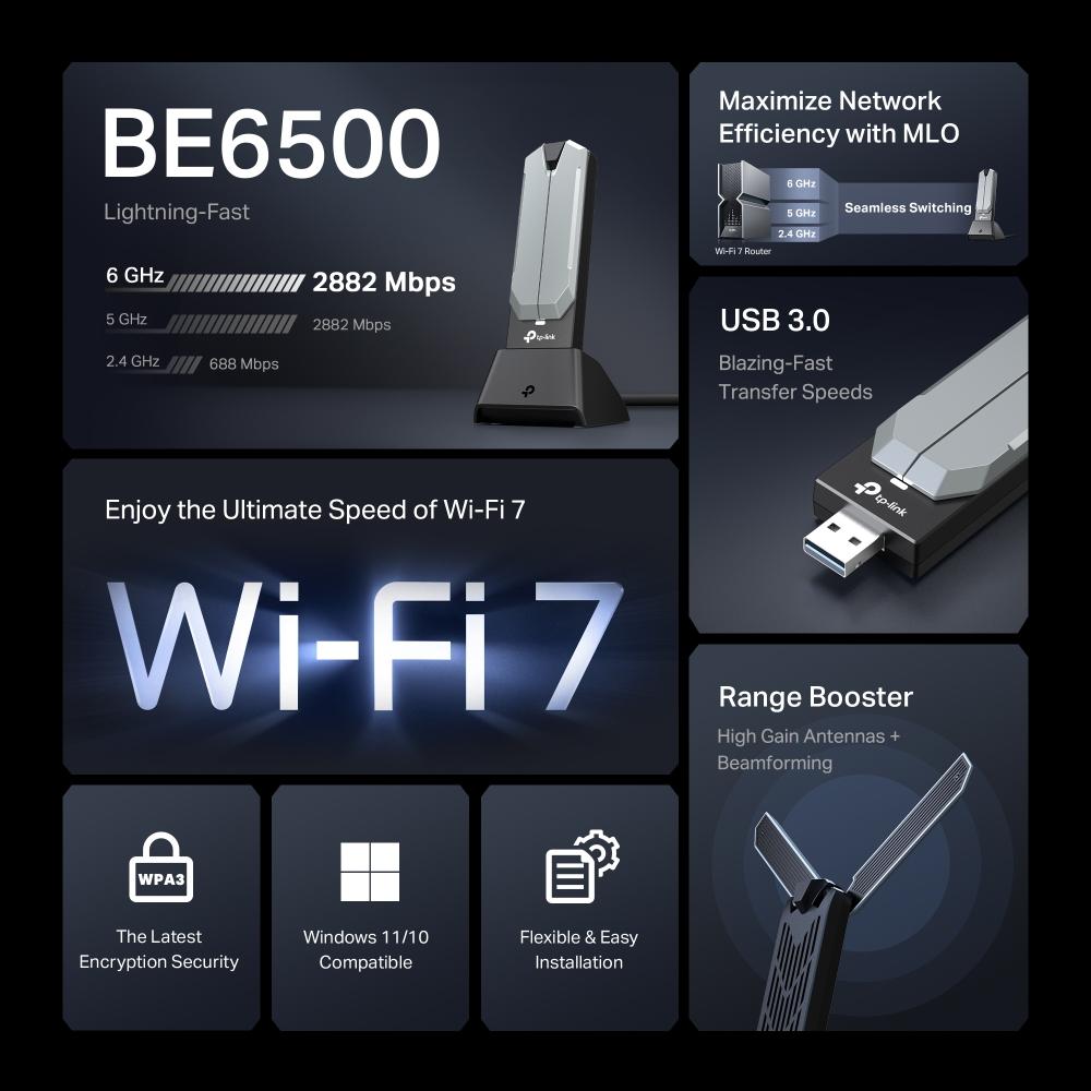 TP-Link Archer TBE400UH, BE6500 Wi-Fi 7 High Gain Wireless USB Adapter