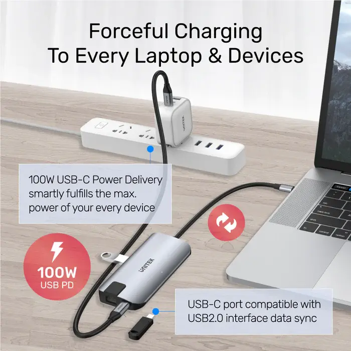 Unitek D1028A 5-In-1 USB3.1 10Gbps Multi-Port Hub (2-Port USB-A 10Gbps + HDMI 4K60Hz + RJ45 + PD 100W), Space Grey
