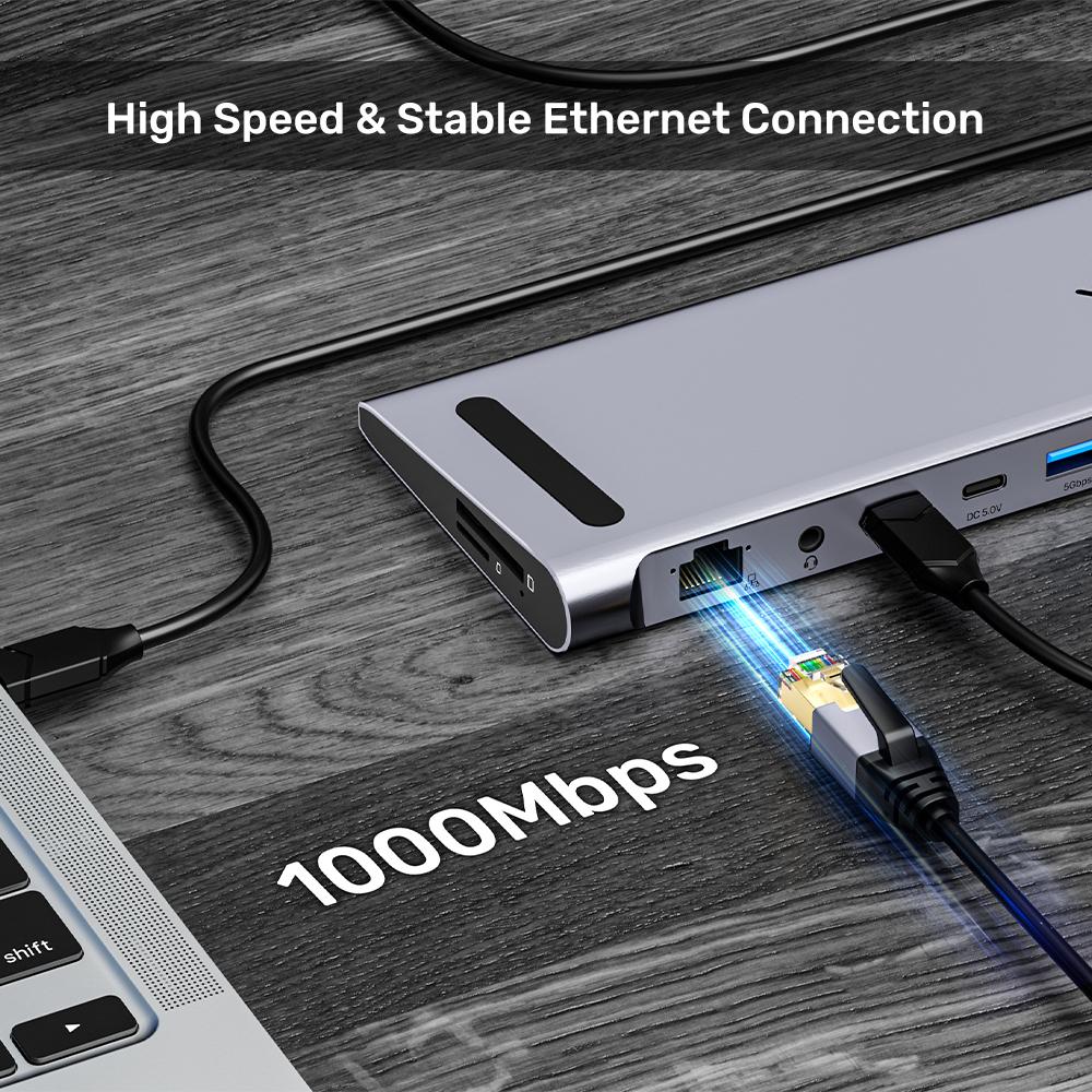Unitek D1106A Docking Station, 13-in 2 KVM (2*HDMI+DP+USB+2*USB 10Gb+USB-C 10Gbp+SD/Micro+Audio+1GB LAN+PD 100W+DC5V)+HDMI