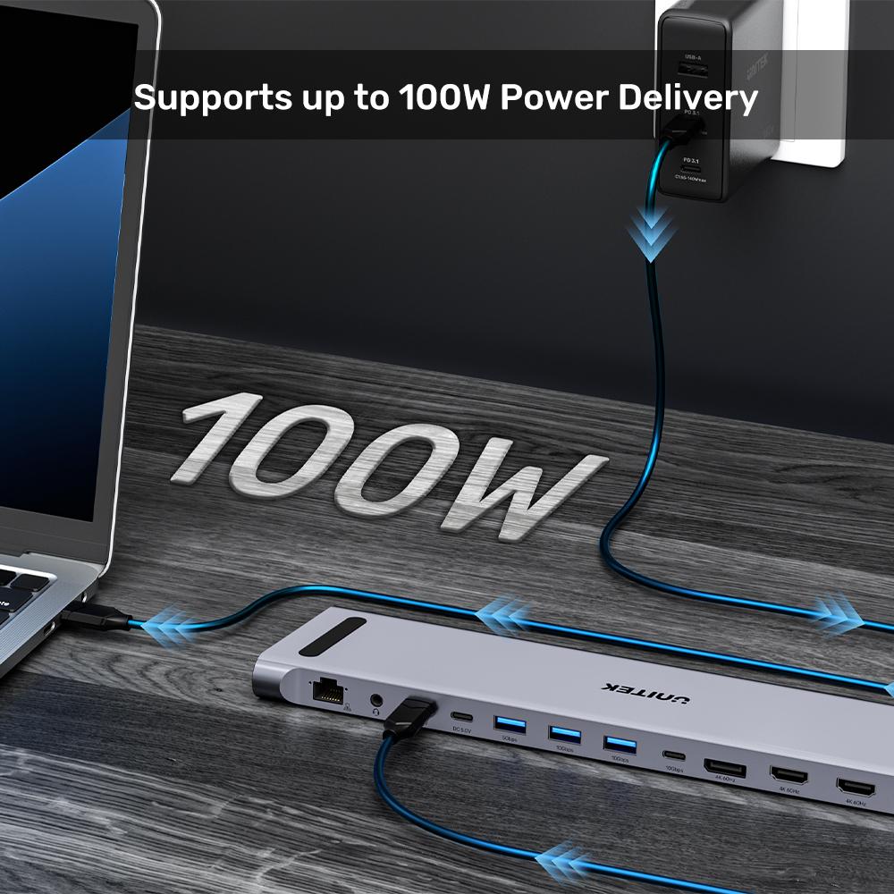 Unitek D1106A Docking Station, 13-in 2 KVM (2*HDMI+DP+USB+2*USB 10Gb+USB-C 10Gbp+SD/Micro+Audio+1GB LAN+PD 100W+DC5V)+HDMI