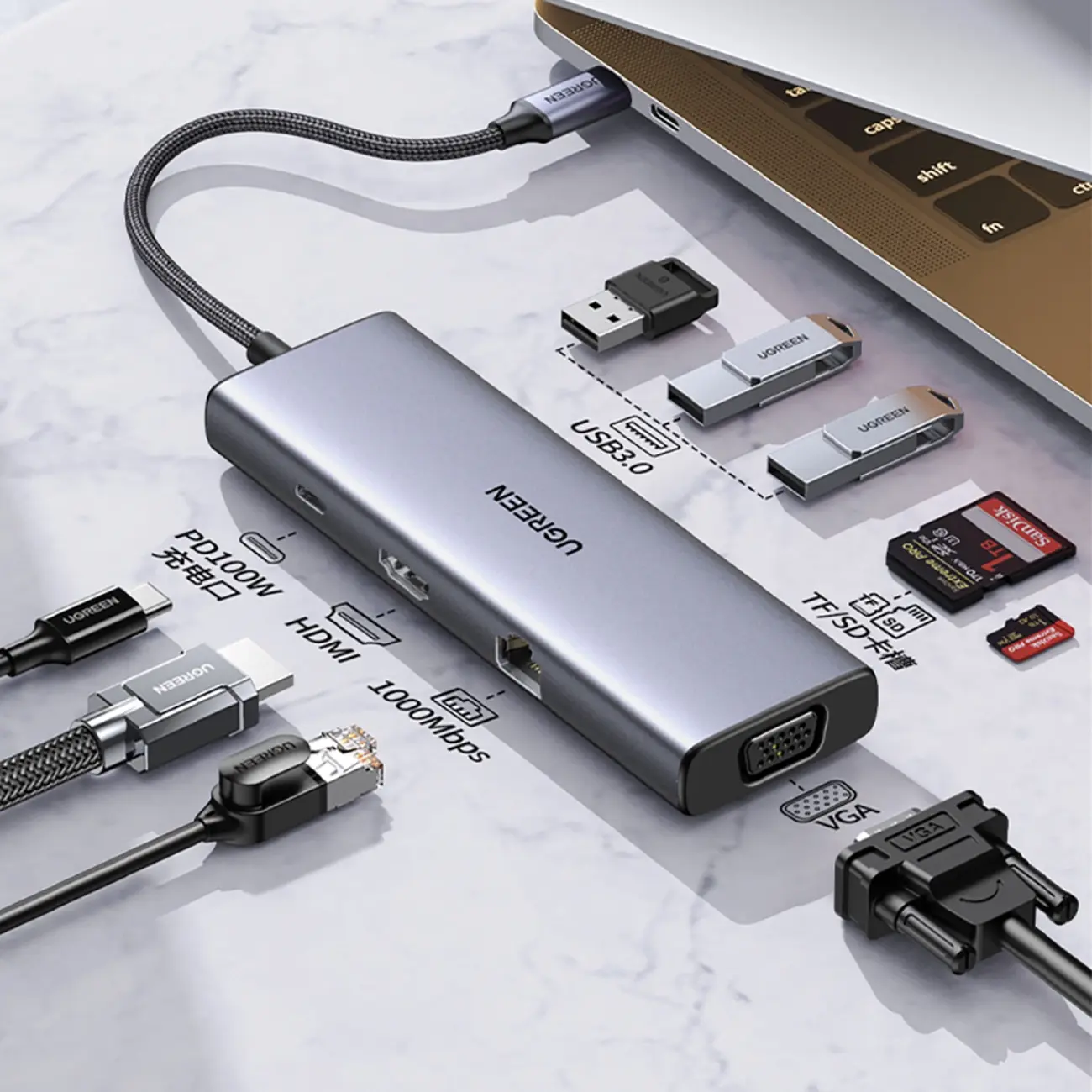 UGREEN CM498 USB HUB, USB-C, USB, HDMI, VGA, RJ45, SD, TF, Hub, Gray