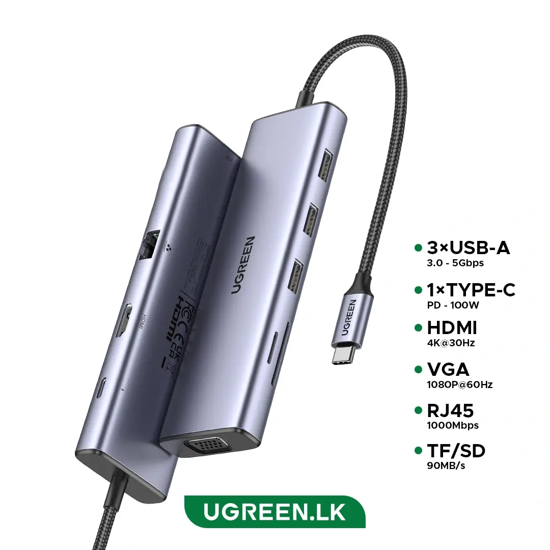 UGREEN CM498 USB HUB, USB-C, USB, HDMI, VGA, RJ45, SD, TF, Hub, Gray