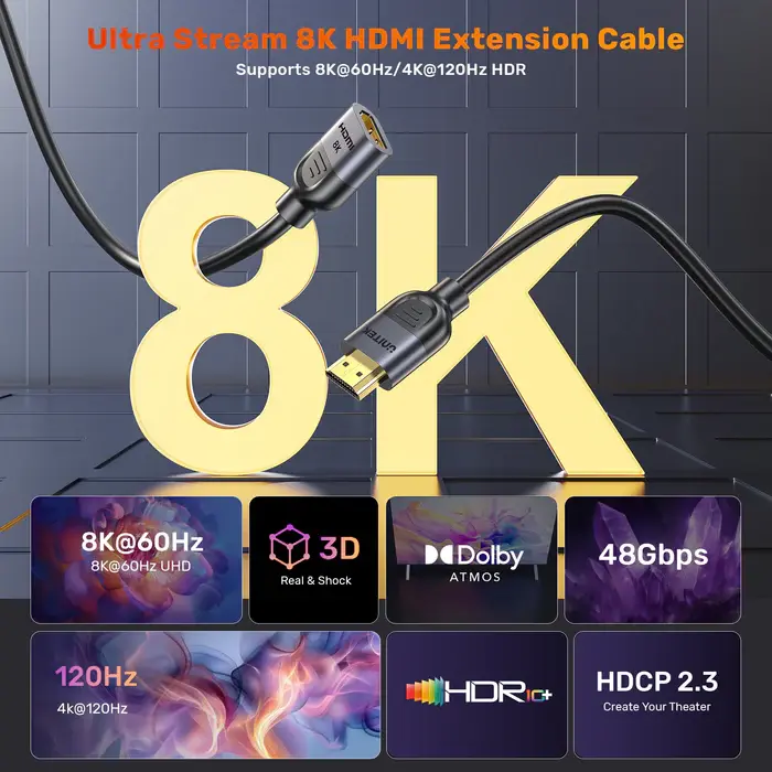 Unitek C11091A Cable, 8K 60Hz HDMI 2.1 Male to Female Extension Cable 3M
