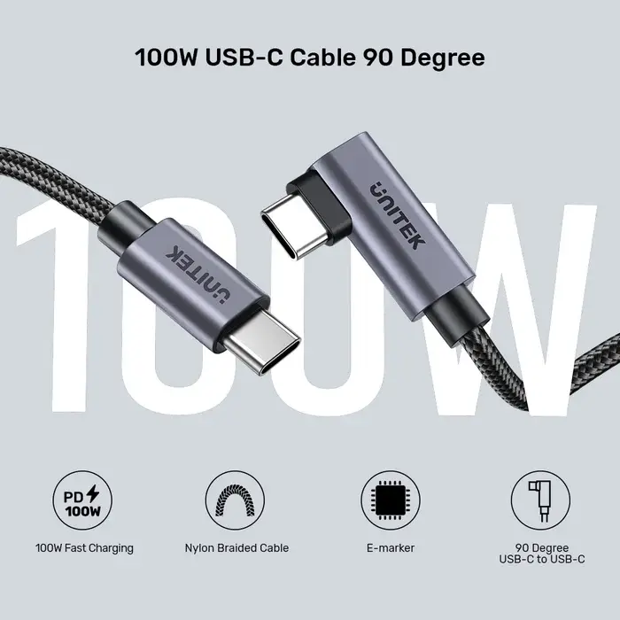 Unitek C14123BK-5M 5M, 90° L-Shape USB-C Male to Male PD 100W Charging Cable
