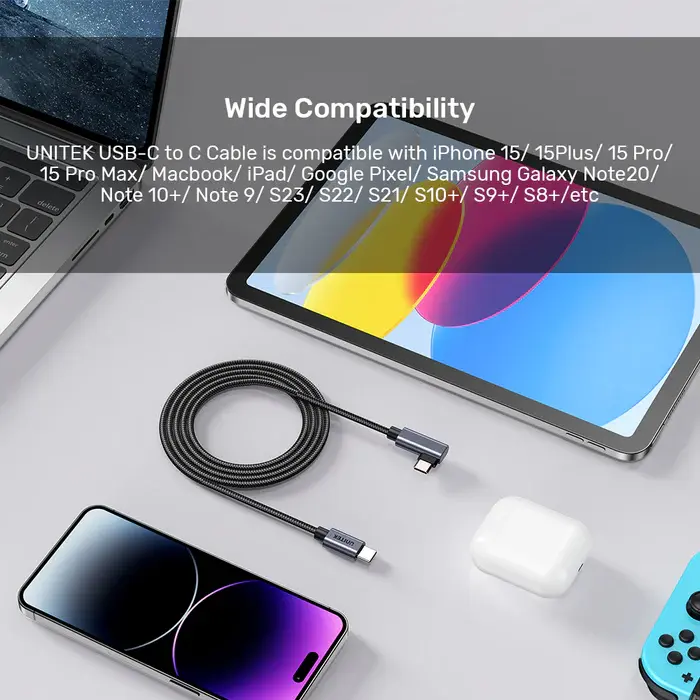 Unitek C14123BK-3M 3M, 90° L-Shape USB-C Male to Male PD 100W Charging Cable