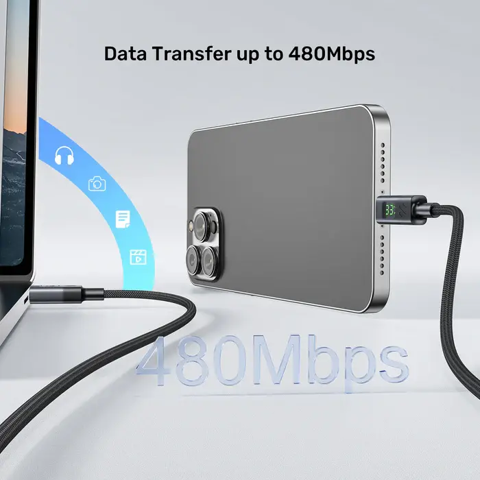 Unitek C14158ABK01-2M Cable, 2M USB-C PD 60w charging, with LED Display, Nylon Braided, Black