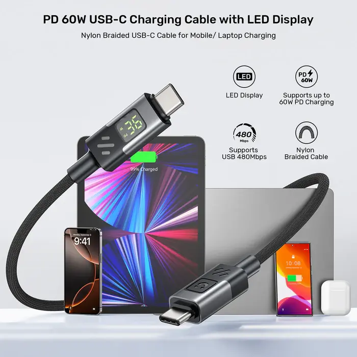 Unitek C14158ABK01-2M Cable, 2M USB-C PD 60w charging, with LED Display, Nylon Braided, Black