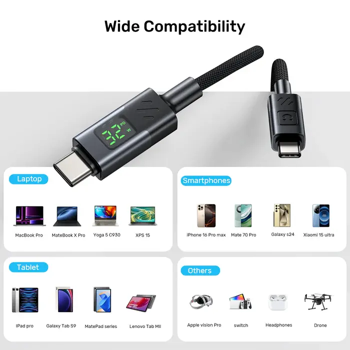 Unitek C14158ABK01-2M Cable, 2M USB-C PD 60w charging, with LED Display, Nylon Braided, Black