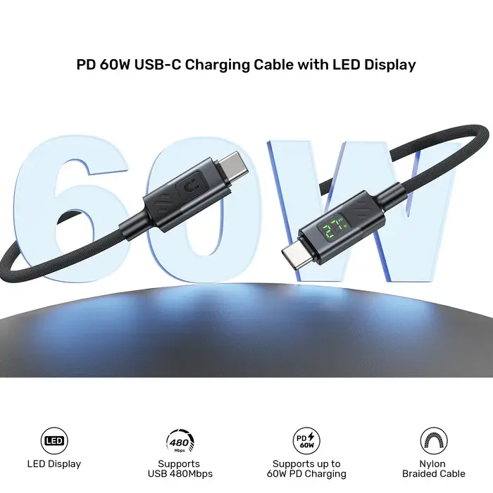 Unitek C14158ABK01-2M Cable, 2M USB-C PD 60w charging, with LED Display, Nylon Braided, Black