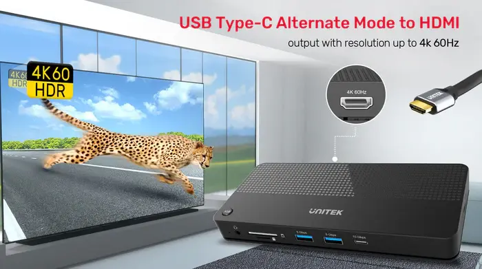 Unitek D1077A Docking Station, Type-C 11-in-2 KVM(USB-C 10Gbps+USB 10Gb+2*USB+HDMI 4K+1GB+SD/Micro+Audio+PD 100W+DC), Black