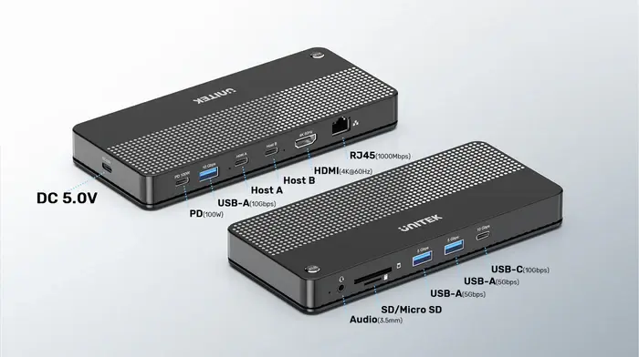 Unitek D1077A Docking Station, Type-C 11-in-2 KVM(USB-C 10Gbps+USB 10Gb+2*USB+HDMI 4K+1GB+SD/Micro+Audio+PD 100W+DC), Black