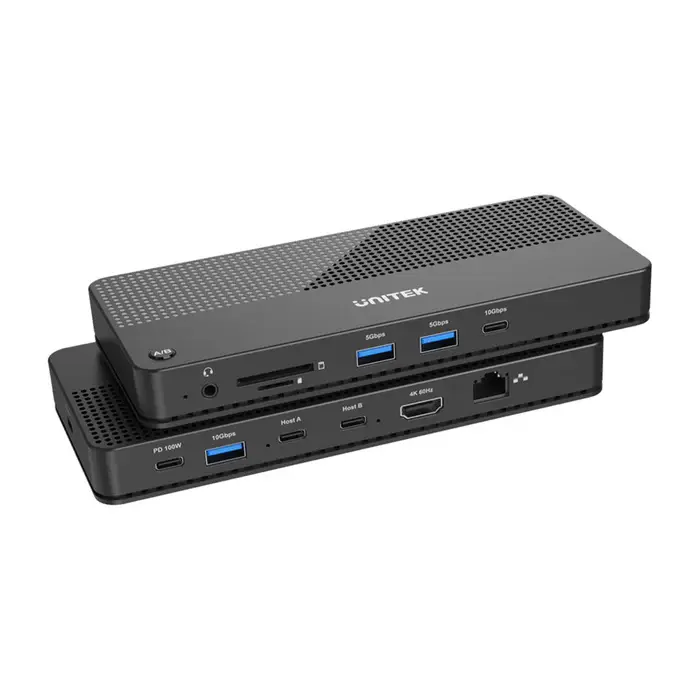 Unitek D1077A Docking Station, Type-C 11-in-2 KVM(USB-C 10Gbps+USB 10Gb+2*USB+HDMI 4K+1GB+SD/Micro+Audio+PD 100W+DC), Black