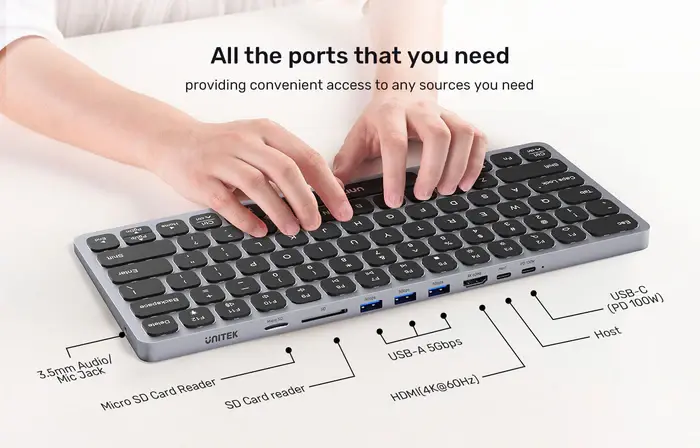 Unitek D1092A, 9-in-1 USB-C Keyboard Hub, Grey