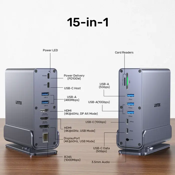 Unitek D1135AGY01 Docking Station, 15-in-1 (2*HDMI 4K+DP 4K+2*USB2.0+USB3.0+2*USB 10Gbps+USB-C 5Gbps + USB-C 10Gb+ SD/Micr