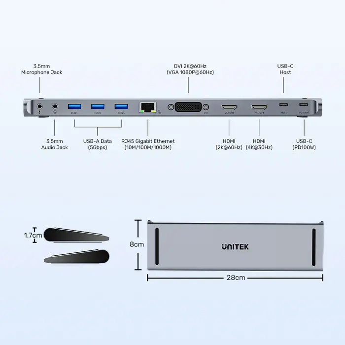 Unitek D1147A Docking Station, 9-in-1 USB-C 5Gbps Universal Docking Station