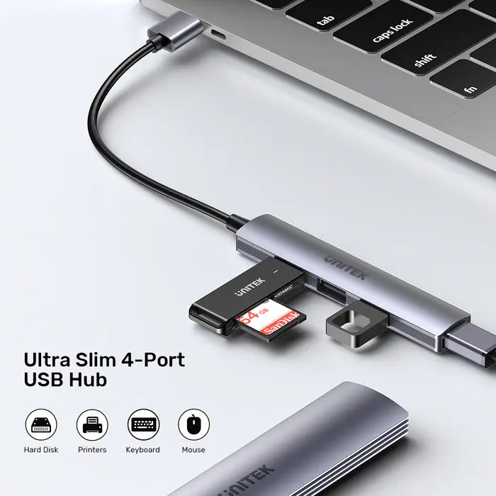 H1208A, Unitek 4-in-1 USB-A 5Gbps Hub (3x480Mbs 1x5Gbs 3,0), Slim, Space Grey