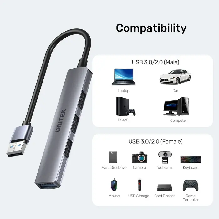 H1208A, Unitek 4-in-1 USB-A 5Gbps Hub (3x480Mbs 1x5Gbs 3,0), Slim, Space Grey