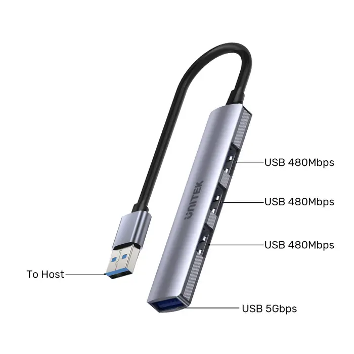 H1208A, Unitek 4-in-1 USB-A 5Gbps Hub (3x480Mbs 1x5Gbs 3,0), Slim, Space Grey