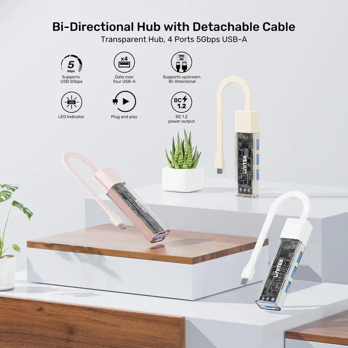 Unitek H1319AWH01 USB HUB, Bi-Directional Hub(with Detachable Cable), USB-C/USB-A 5Gb Hub (4*USB-A)