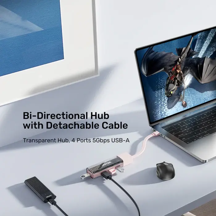 Unitek H1319AWH01 USB HUB, Bi-Directional Hub(with Detachable Cable), USB-C/USB-A 5Gb Hub (4*USB-A)