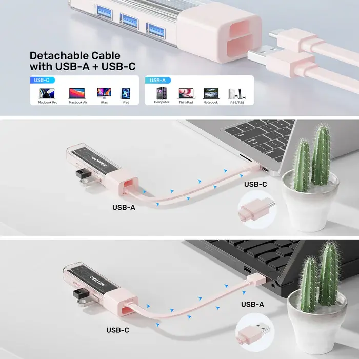 Unitek H1319AWH01 USB HUB, Bi-Directional Hub(with Detachable Cable), USB-C/USB-A 5Gb Hub (4*USB-A)