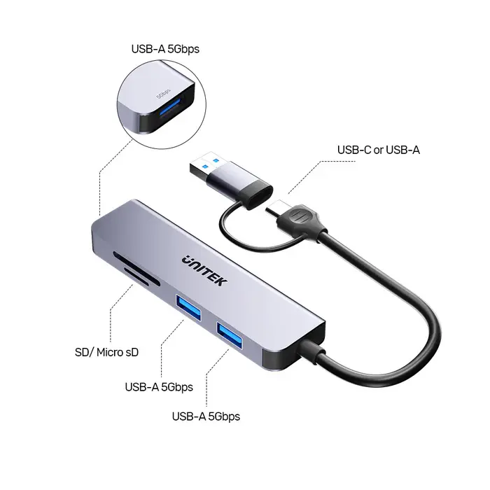 H1320A Unitek 5-in-1 USB-C 5Gbps Hub with USB-A Adapter