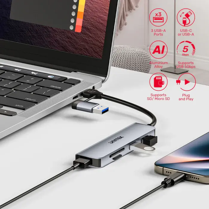 H1320A Unitek 5-in-1 USB-C 5Gbps Hub with USB-A Adapter