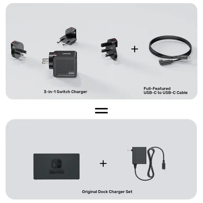 Unitek P1242A Power Supply, 65W 3-in-1 GaN Charger for Nintendo Switch
