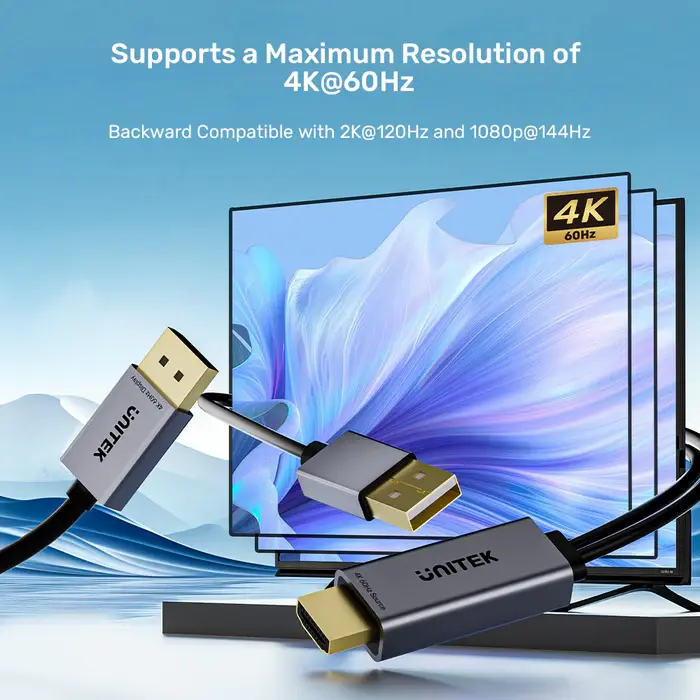 Unitek V1714A Adapter, 1.8M, 4K 60Hz HDMI to DP Cable with USB Power Plug