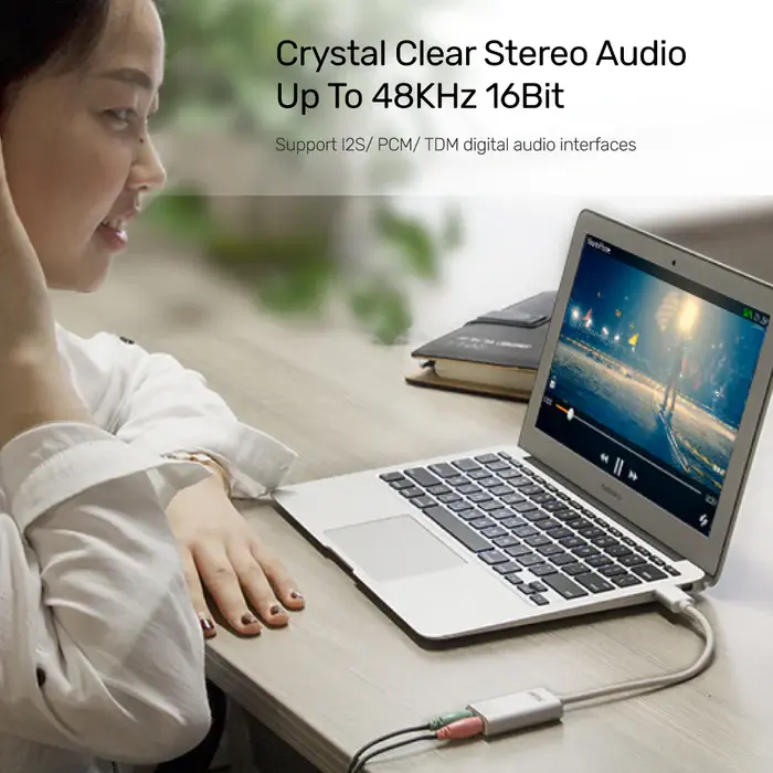 Unitek Y-247A USB Adapter, USB 2.0 External Sound Card Adapter for Stereo Audio, 48KHz 16-bit Silver Color