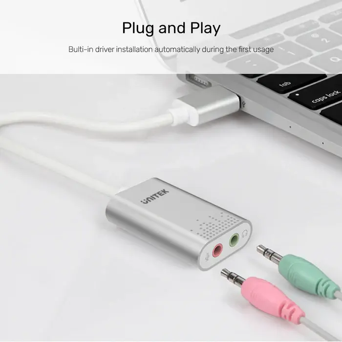 Unitek Y-247A USB Adapter, USB 2.0 External Sound Card Adapter for Stereo Audio, 48KHz 16-bit Silver Color