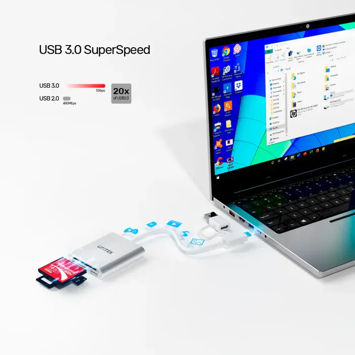 Unitek Y-9313D Card Reader, Y-9313D, USB3.0 to Micro SD/SD/CF Card Reader (With USB-C Adaptor)