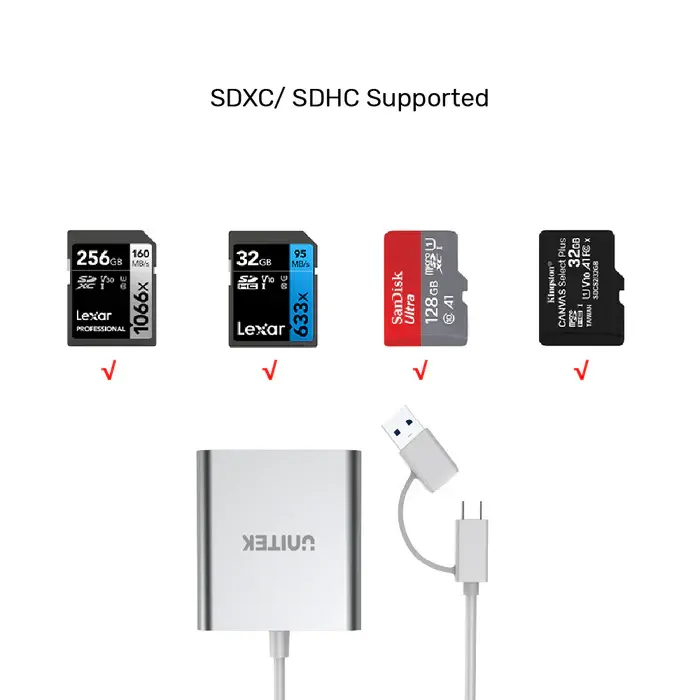 Unitek Y-9313D Card Reader, Y-9313D, USB3.0 to Micro SD/SD/CF Card Reader (With USB-C Adaptor)