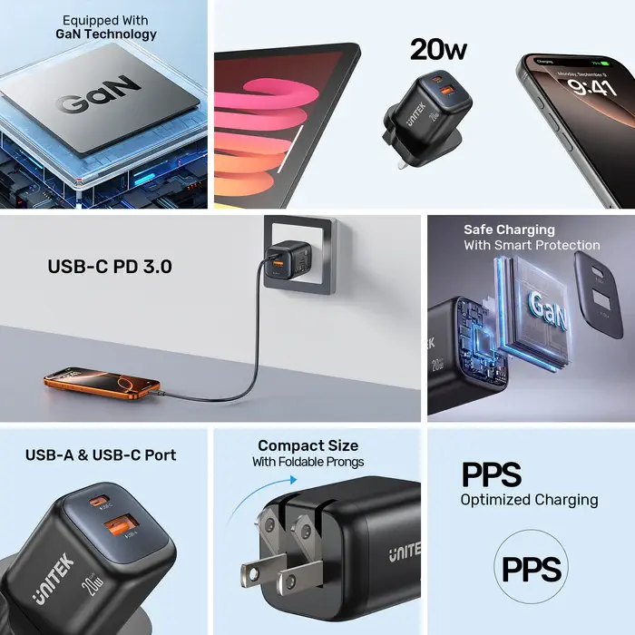 Unitek P1128A-EU Power Supply, 20W 2-Port Wall GaN Charger