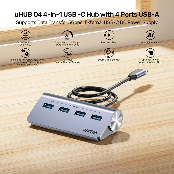 H1337BGY01 Unitek 4-in-1 USB-C 5Gbps Hub (4*USB-A 5Gbps)