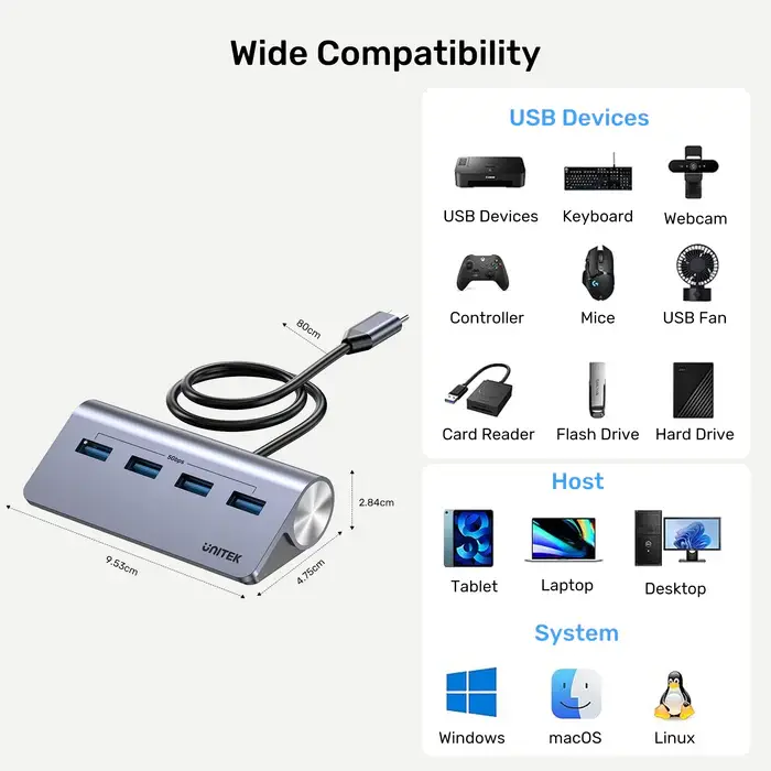 H1337BGY01 Unitek 4-in-1 USB-C 5Gbps Hub (4*USB-A 5Gbps)