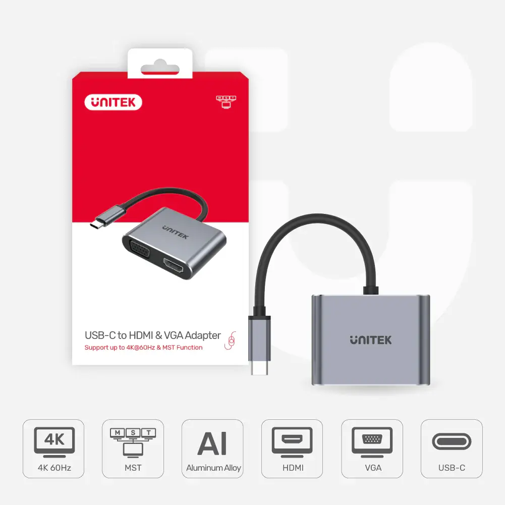 V1126A, Unitek USB3.1 Type-C To HDMI (4K 60Hz) + VGA Adapter with MST, Space Grey