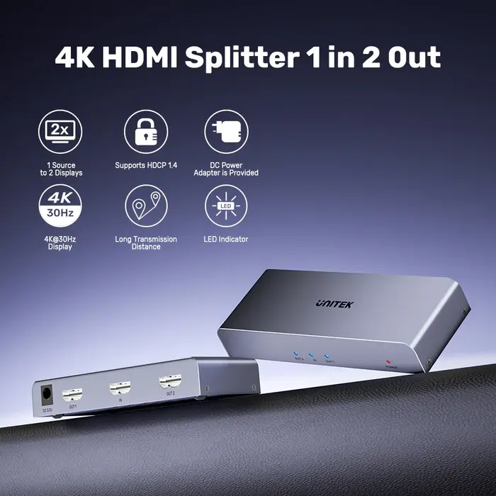 Unitek V1130A HDMI Splitter, 4K HDMI Splitter 1 In 2 Out