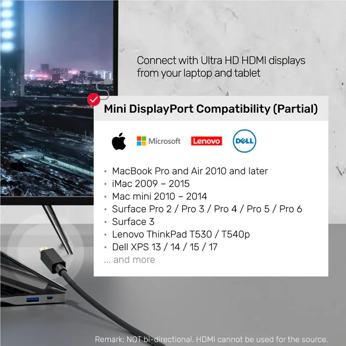 Unitek V1152A Adapter, Mini DisplayPort Male to HDMI Male Adapter cable 2M