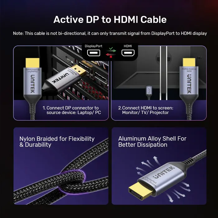 Unitek V1610A Cable, DisplayPort to HDMI Male Adapter Cable, 8K 60Hz 1.8M