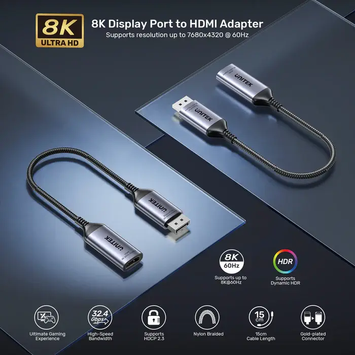 Unitek V1611A Adapter, DisplayPort to HDMI Female Adapter 8K 60Hz