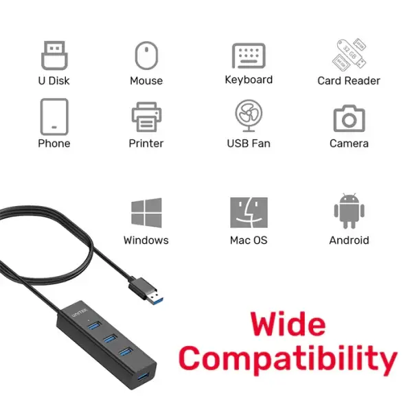 Unitek Y-3089V02 4-Port USB-A 5Gbps Hub with 1.2M Cable Length