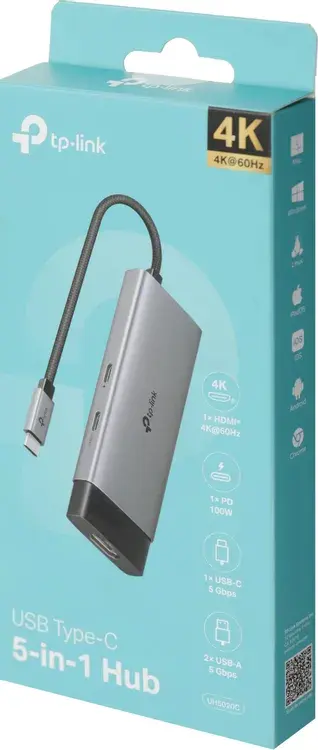 UH5020C, TPLINK, Type C Adapter, USB Type-C 5 in 1 Hub, 4K@60Hz HDMI, 100W PD, 1× USB-C Data Port, 2× USB-A Data Ports