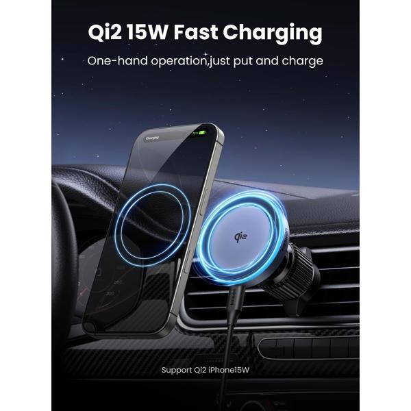 UGREEN Qi2 Car Charger, 15W, Wireless Car Mount Charger, Black/Grey