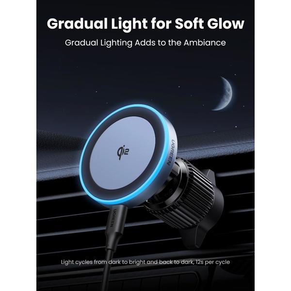 UGREEN Qi2 Car Charger, 15W, Wireless Car Mount Charger, Black/Grey