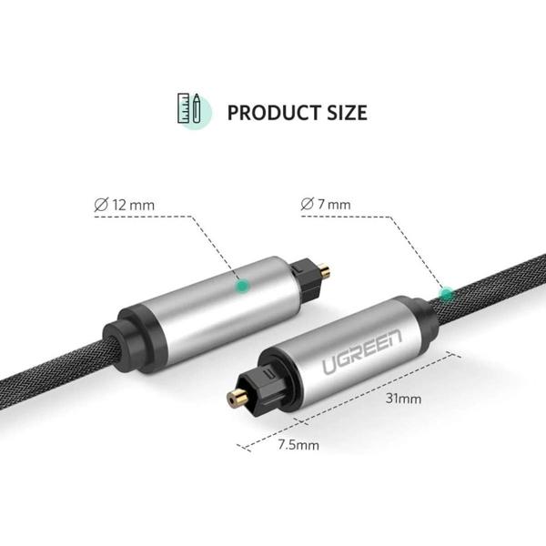 UGREEN AV108 Cable, Toslink Optical Audio Cable, 2m, Black/Silver