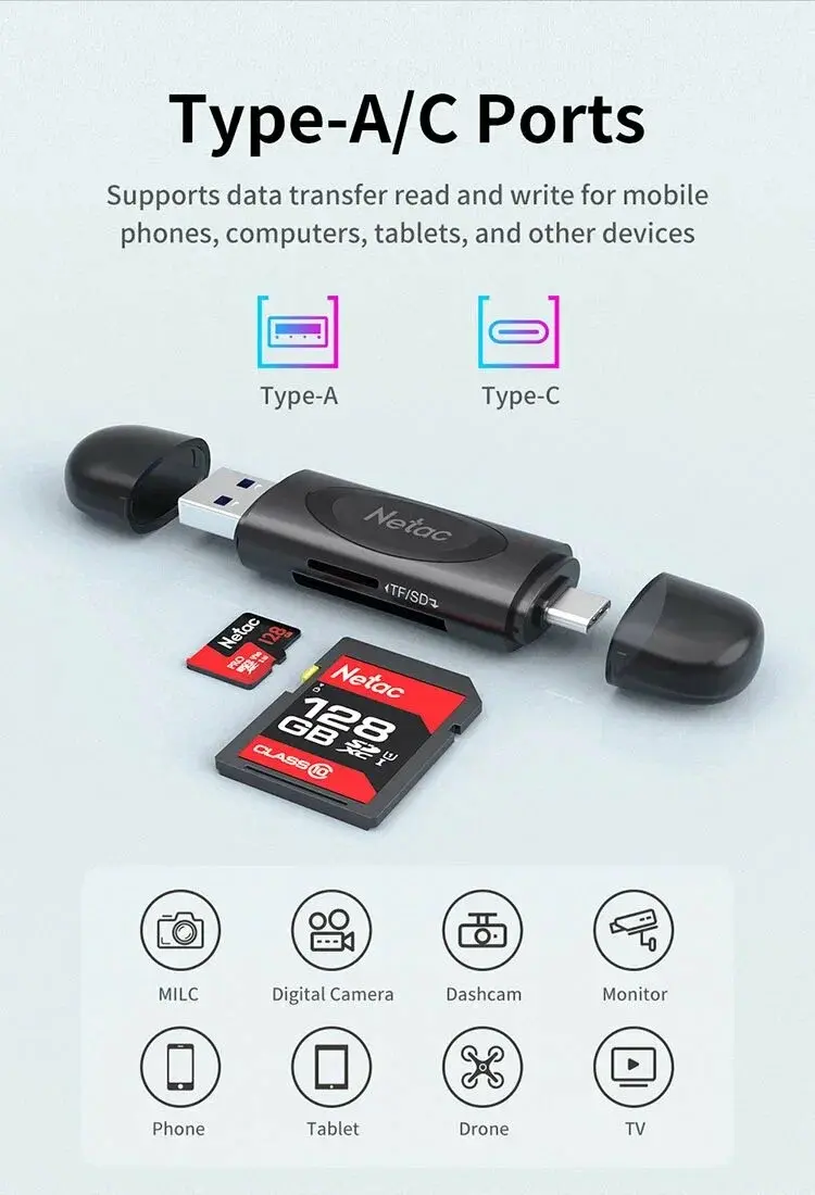 NETAC WK13 Card Reader, USB3.0+Type-C to mSD/SD, Grey